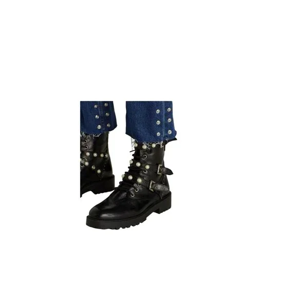 Zara Basics Pearl Studded Lace Up Chunky Boots Size 41 Y2K Goth Steampunk Grunge - Picture 3 of 9